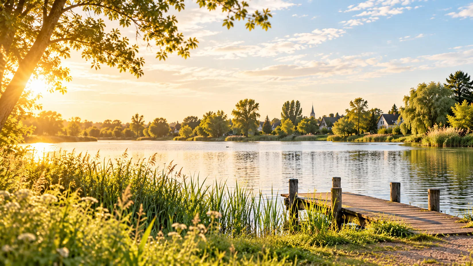 Landschaft mit See und Steg als Symbolmotiv für naturnahes Wohnen