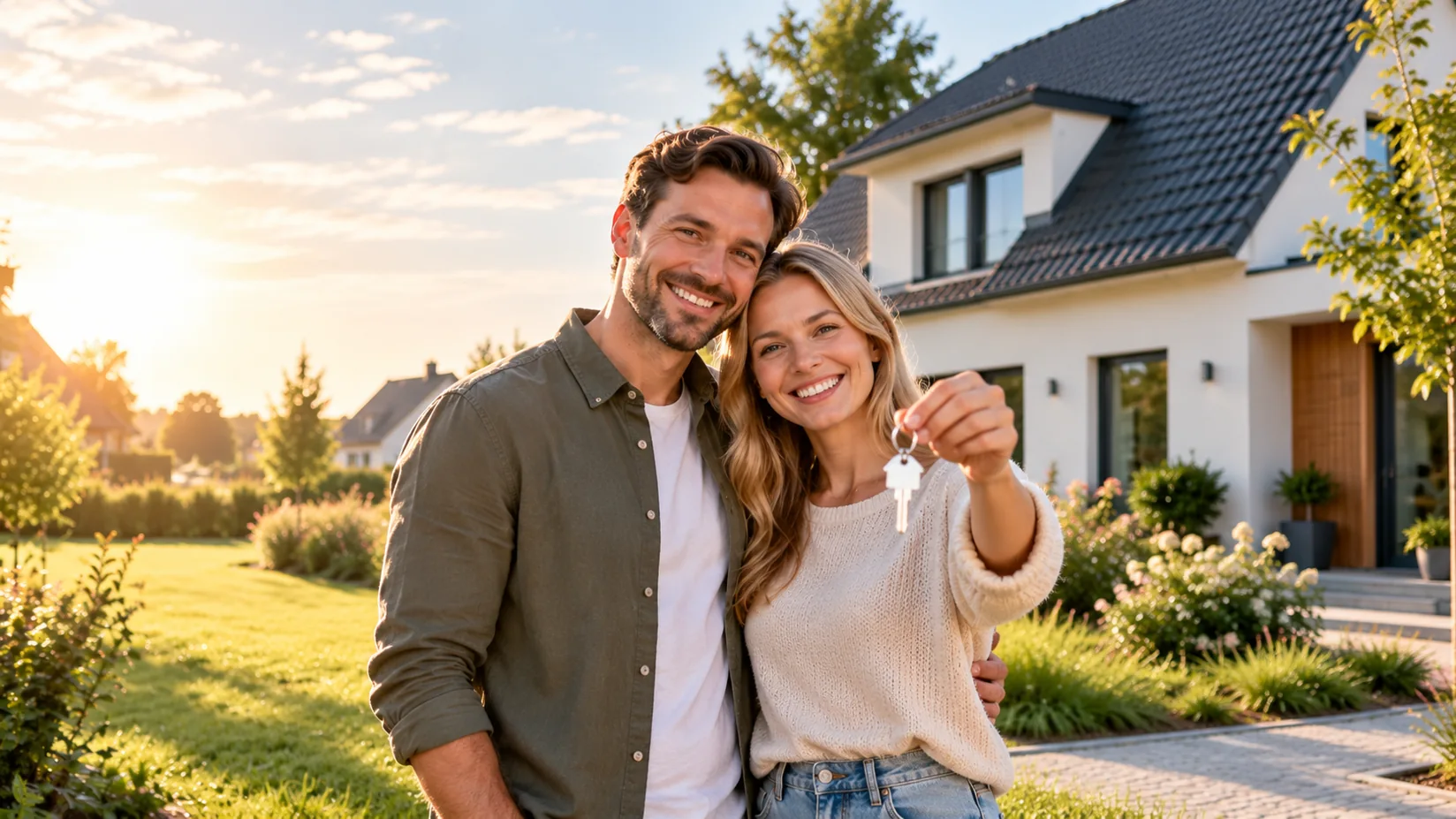 Paar vor einem Einfamilienhaus mit Hausschlüssel – Symbolbild